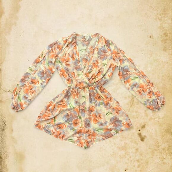 agaci 90s floral vneck romper with open long flowy long sleeves watercolor print - Picture 1 of 7